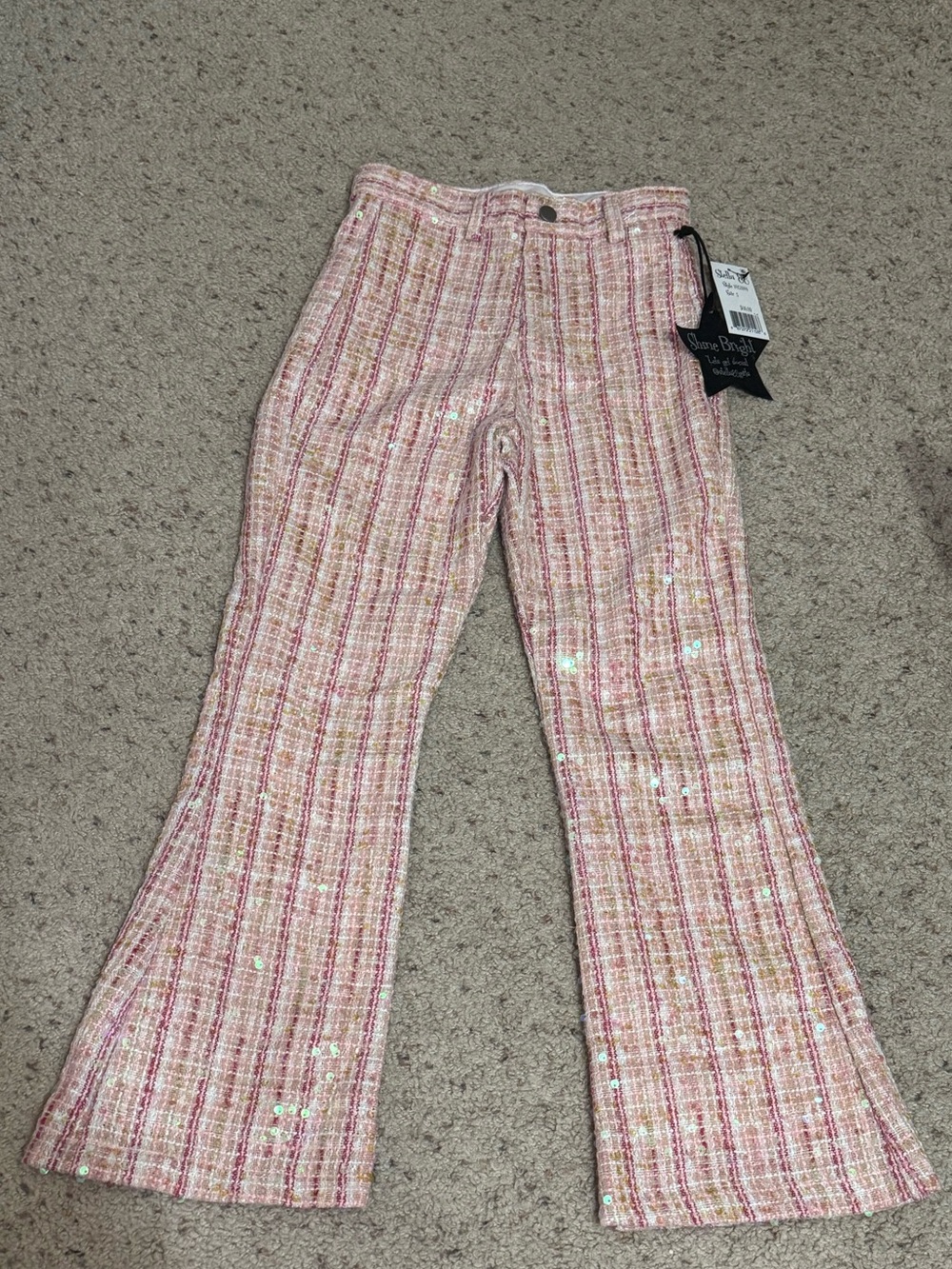 Sparkly Pink Girls Tweed Flare Pants